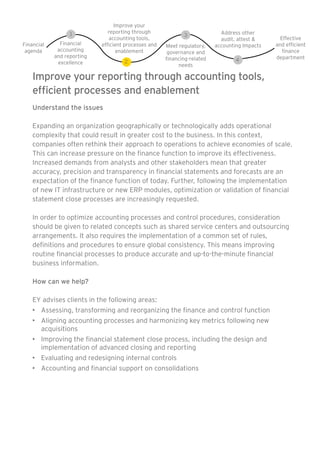 Improve your reporting through accounting tools,
efficient processes and enablement
Understand the issues
Expanding an organization geographically or technologically adds operational
complexity that could result in greater cost to the business. In this context,
companies often rethink their approach to operations to achieve economies of scale.
This can increase pressure on the finance function to improve its effectiveness.
Increased demands from analysts and other stakeholders mean that greater
accuracy, precision and transparency in financial statements and forecasts are an
expectation of the finance function of today. Further, following the implementation
of new IT infrastructure or new ERP modules, optimization or validation of financial
statement close processes are increasingly requested.
In order to optimize accounting processes and control procedures, consideration
should be given to related concepts such as shared service centers and outsourcing
arrangements. It also requires the implementation of a common set of rules,
definitions and procedures to ensure global consistency. This means improving
routine financial processes to produce accurate and up-to-the-minute financial
business information.
How can we help?
EY advises clients in the following areas:
•	 Assessing, transforming and reorganizing the finance and control function
•	 Aligning accounting processes and harmonizing key metrics following new
acquisitions
•	 Improving the financial statement close process, including the design and
implementation of advanced closing and reporting
•	 Evaluating and redesigning internal controls
•	 Accounting and financial support on consolidations
Financial
agenda
Financial
accounting
and reporting
excellence
Meet regulatory,
governance and
financing-related
needs
Address other
audit, attest 
accounting Impacts
Effective
and efficient
finance
department
1
2
3
4
Improve your
reporting through
accounting tools,
efficient processes and
enablement
 