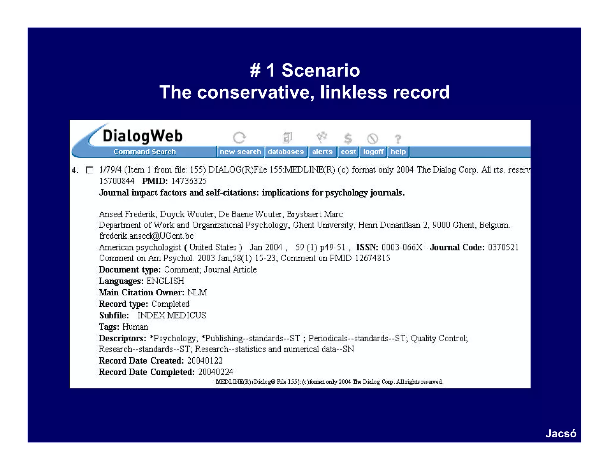 # 1 Scenario
The conservative, linkless record




                                    Jacsó
 