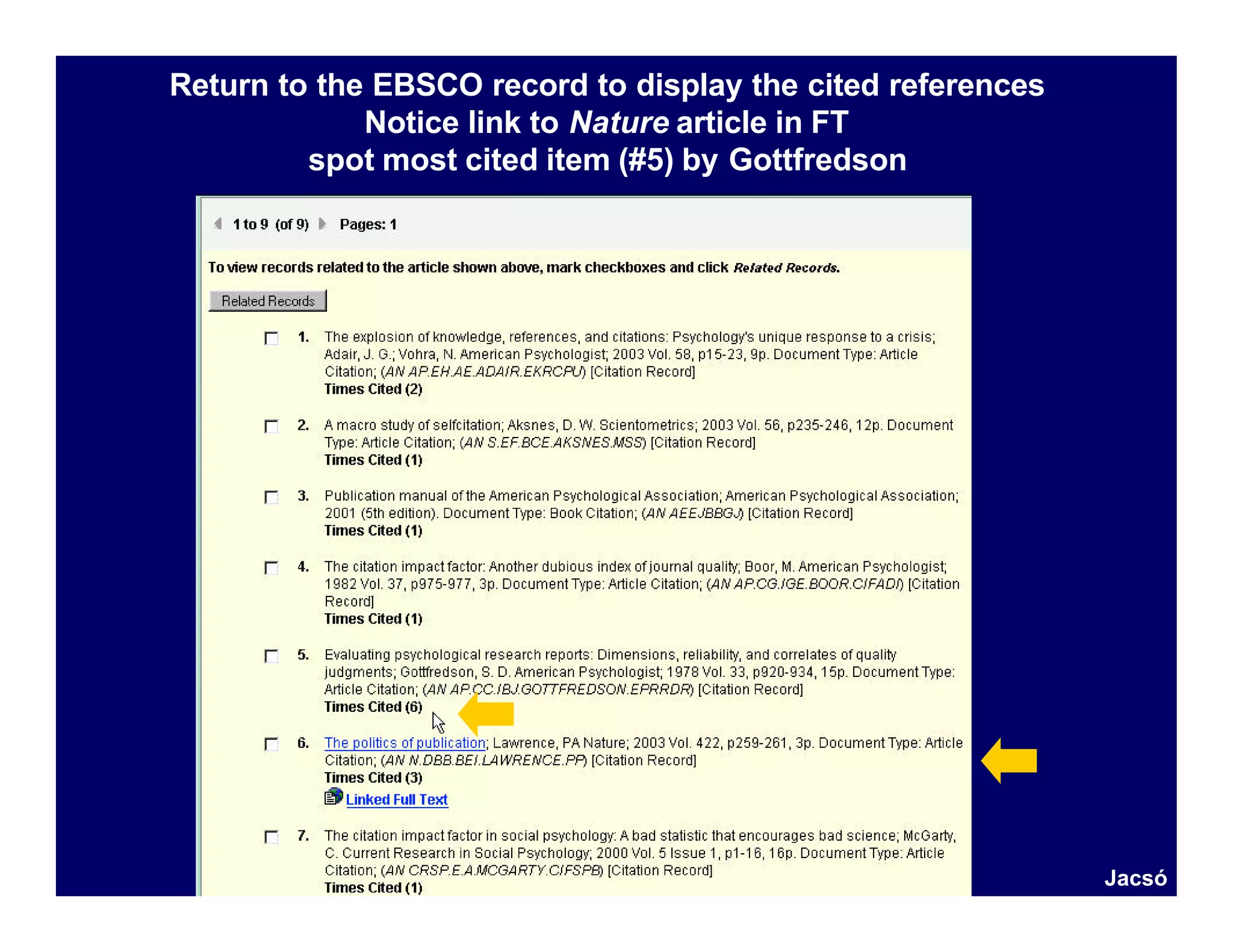 Return to the EBSCO record to display the cited references
             Notice link to Nature article in FT
         spot most cited item (#5) by Gottfredson




                                                             Jacsó
 