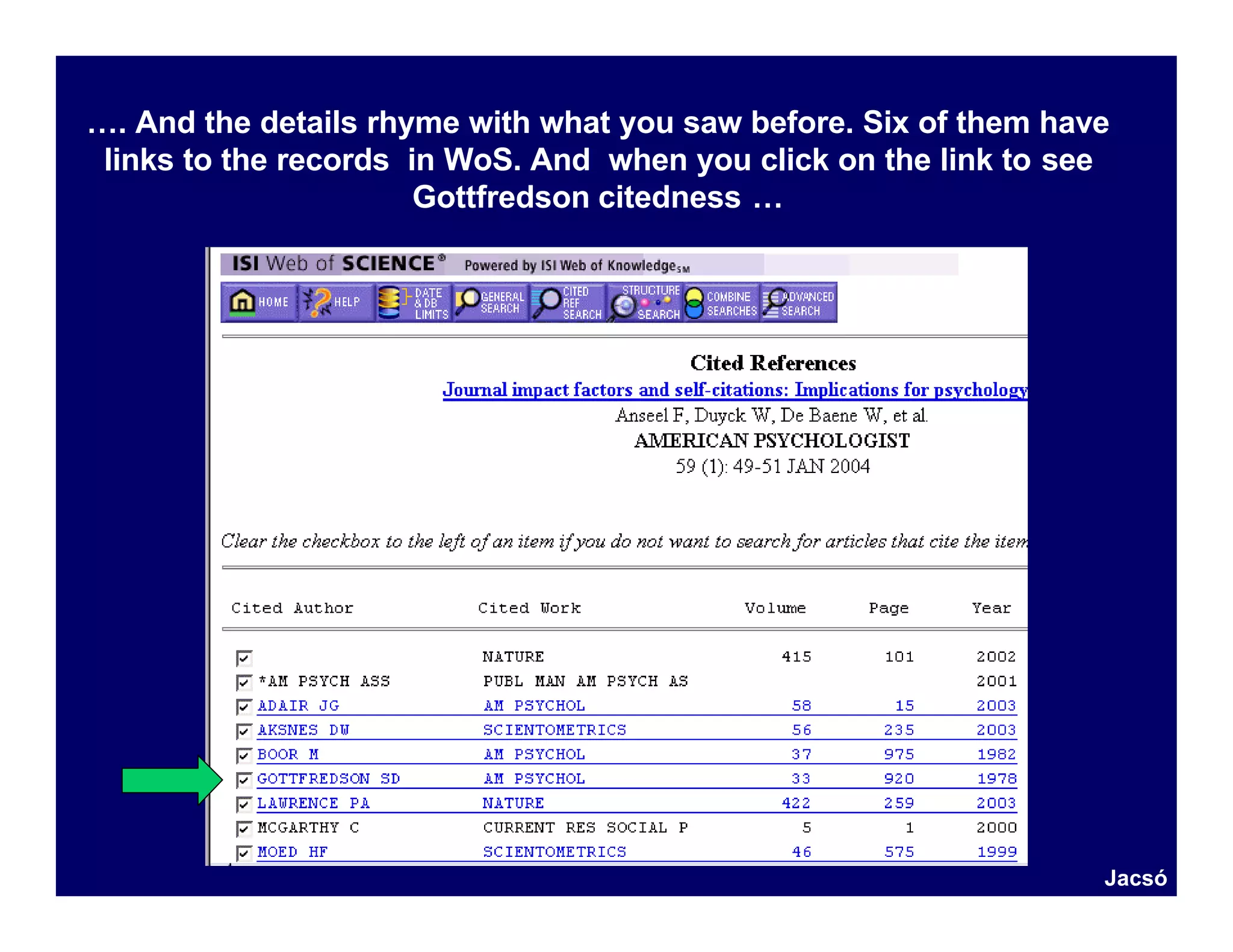 …. And the details rhyme with what you saw before. Six of them have
 links to the records in WoS. And when you click on the link to see
                       Gottfredson citedness …




                                                                  Jacsó
 