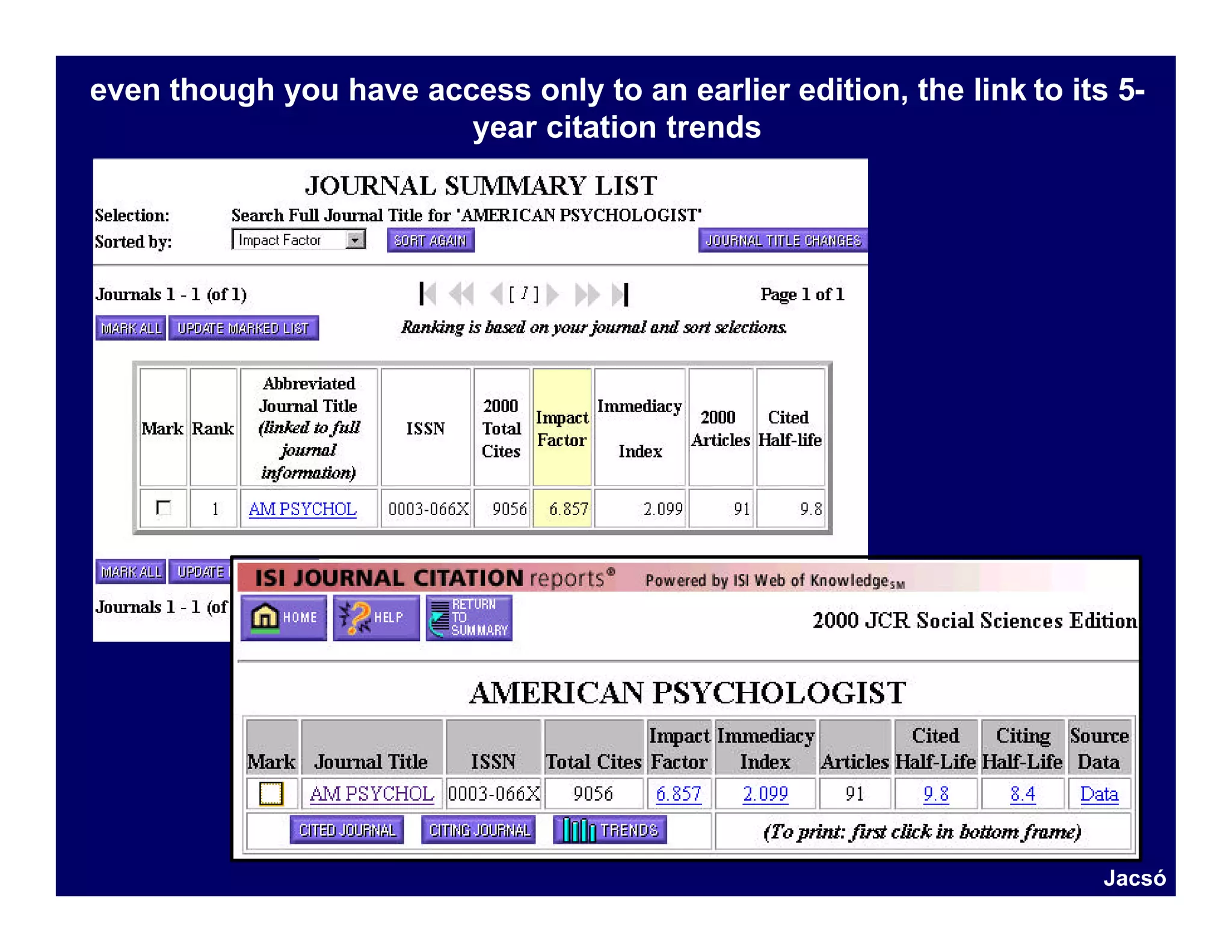 even though you have access only to an earlier edition, the link to its 5-
                        year citation trends




                                                                       Jacsó
 