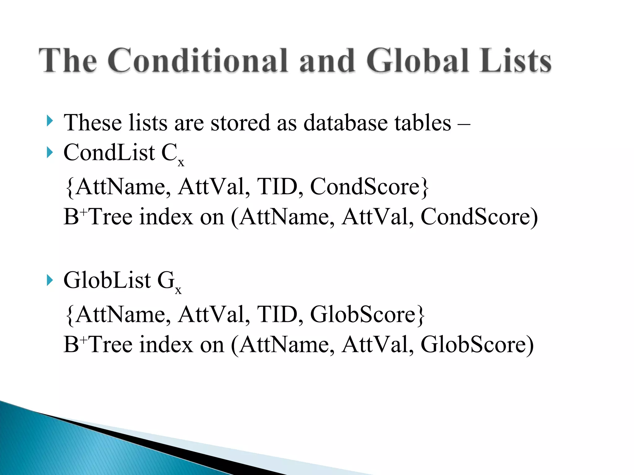 These lists are stored as database tables – CondList C x {AttName, AttVal, TID, CondScore} B + Tree index on (AttName, AttVal, CondScore)‏ GlobList G x  {AttName, AttVal, TID, GlobScore} B + Tree index on (AttName, AttVal, GlobScore)‏ 