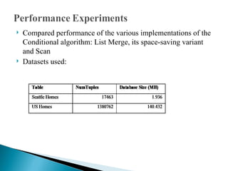 Compared performance of the various implementations of the Conditional algorithm: List Merge, its space-saving variant and Scan Datasets used: 