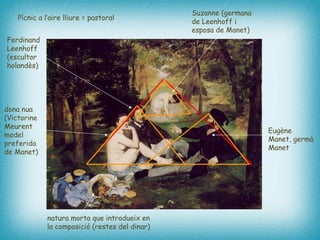 Pícnic a l’aire lliure = pastoral Ferdinand Leenhoff (escultor holandès)   dona nua  (Victorine Meurent model preferida de Manet)   Suzanne (germana de Leenhoff i esposa de Manet)   Eugène Manet, germà  Manet   natura morta que introdueix en la composició (restes del dinar)   