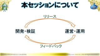 開発・検証 運営・運用
ドラゴンクエストXを支える失敗事例 © 2019 SQUARE ENIX CO., LTD. All Rights Reserved.
本セッションについて
リリース
フィードバック
 