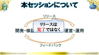 開発・検証 運営・運用
ドラゴンクエストXを支える失敗事例 © 2019 SQUARE ENIX CO., LTD. All Rights Reserved.
本セッションについて
リリース
フィードバック
リリースは
完了ではなく
 