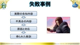 ドラゴンクエストXを支える失敗事例 © 2019 SQUARE ENIX CO., LTD. All Rights Reserved.
失敗事例
実際の告知内容
不具合の内容
原因と対応
得られた教訓
 