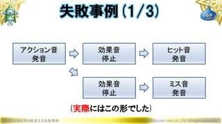 ドラゴンクエストXを支える失敗事例 © 2019 SQUARE ENIX CO., LTD. All Rights Reserved.
失敗事例(1/3)
アクション音
発音
効果音
停止
ヒット音
発音
効果音
停止
ミス音
発音
(実際にはこの形でした)
 