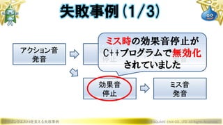 ドラゴンクエストXを支える失敗事例 © 2019 SQUARE ENIX CO., LTD. All Rights Reserved.
失敗事例(1/3)
アクション音
発音
効果音
停止
ヒット音
発音
効果音
停止
ミス音
発音
ミス時の効果音停止が
C++プログラムで無効化
されていました
 
