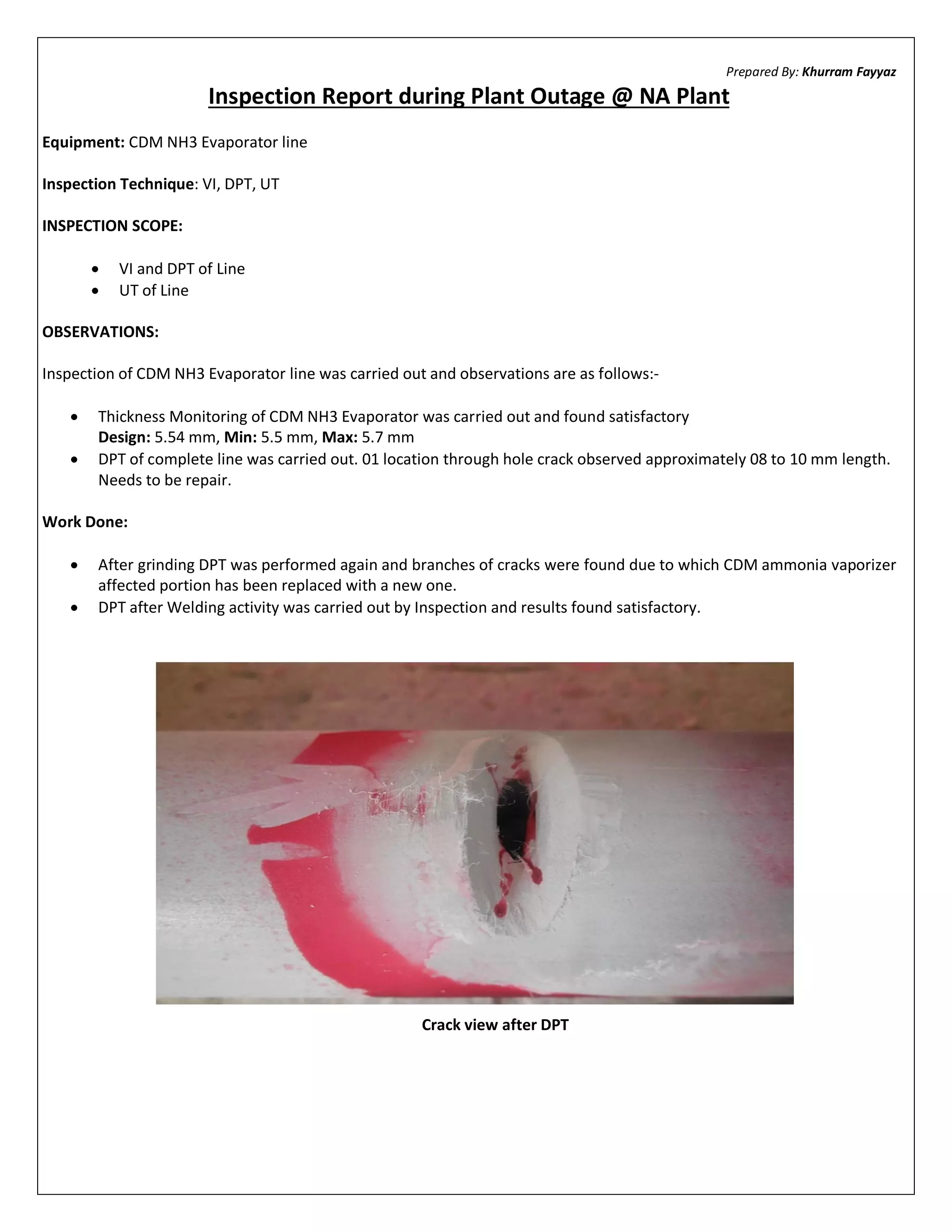 Inspection Report during Plant Outage @ NA Plant | PDF