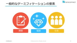 一般的なゲーミフィケーションの要素
/ Confidential / © Nanoconnect,Inc. All rights reserved. 30
課題 報酬 交流
 