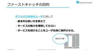 ファーストキャッチの目的
/ Confidential / © Nanoconnect,Inc. All rights reserved. 38
ダブルゼロ状態のユーザに対して
・基本的な使い方を教えて
・サービスの魅力を理解してもらい
・サービスを続けることをユーザ自身に選択させる。
初めが大事！
 