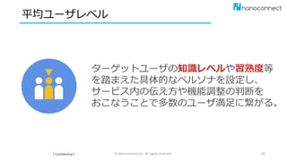ターゲットユーザの知識レベルや習熟度等
を踏まえた具体的なペルソナを設定し、
サービス内の伝え方や機能調整の判断を
おこなうことで多数のユーザ満足に繋がる。
平均ユーザレベル
/ Confidential / © Nanoconnect,Inc. All rights reserved. 49
 