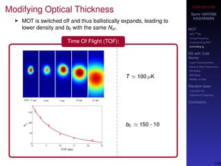 Cold-Atom NS
Samir VARTABI
KASHANIAN
MOT
MOT
85
Rb
Tuning Frequency
Characterizing MOT
Controlling b0
NS with Cold
Atoms
Laser Characterization
Noise at High-Frequencies
PM Model
AM Model
Models vs Data
Random laser
Cold-Atom RL
Coherence Properties
Conclusion
Modifying Optical Thickness
MOT is switched off and thus ballistically expands, leading to
lower density and b0 with the same Nat .
Time Of Flight (TOF):
T 100 µK
b0 150 - 10
7/38
 