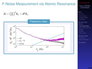 Cold-Atom NS
Samir VARTABI
KASHANIAN
MOT
MOT
85
Rb
Tuning Frequency
Characterizing MOT
Controlling b0
NS with Cold
Atoms
Laser Characterization
Noise at High-Frequencies
PM Model
AM Model
Models vs Data
Random laser
Cold-Atom RL
Coherence Properties
Conclusion
F-Noise Measurement via Atomic Resonance
ST = dT
dδ
2
SνL = D2
SνL
Frequency noise:
20/38
 