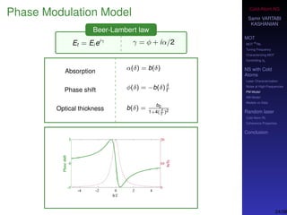 Cold-Atom NS
Samir VARTABI
KASHANIAN
MOT
MOT
85
Rb
Tuning Frequency
Characterizing MOT
Controlling b0
NS with Cold
Atoms
Laser Characterization
Noise at High-Frequencies
PM Model
AM Model
Models vs Data
Random laser
Cold-Atom RL
Coherence Properties
Conclusion
Phase Modulation Model
Beer-Lambert law
Et = Ei eiγ γ = φ + iα/2
Absorption
Phase shift
Optical thickness
α(δ) = b(δ)
φ(δ) = −b(δ) δ
Γ
b(δ) =
b0
1+4( δ
Γ
)2
24/38
 