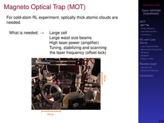 Cold-Atom NS
Samir VARTABI
KASHANIAN
MOT
MOT
85
Rb
Tuning Frequency
Characterizing MOT
Controlling b0
NS with Cold
Atoms
Laser Characterization
Noise at High-Frequencies
PM Model
AM Model
Models vs Data
Random laser
Cold-Atom RL
Coherence Properties
Conclusion
Magneto Optical Trap (MOT)
For cold-atom RL experiment, optically thick atomic clouds are
needed.
What is needed: → Large cell
Large waist size beams
High laser power (ampliﬁer)
Tuning, stabilizing and scanning
the laser frequency (offset lock)
2/38
 