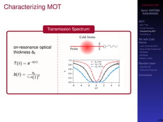 Cold-Atom NS
Samir VARTABI
KASHANIAN
MOT
MOT
85
Rb
Tuning Frequency
Characterizing MOT
Controlling b0
NS with Cold
Atoms
Laser Characterization
Noise at High-Frequencies
PM Model
AM Model
Models vs Data
Random laser
Cold-Atom RL
Coherence Properties
Conclusion
Characterizing MOT
Transmission Spectrum:
on-resonance optical
thickness b0
T(δ) = e−b(δ)
b(δ) = b0
1+4(δ
Γ )2
4/38
 
