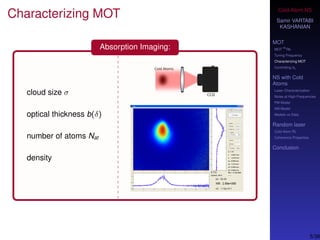 Cold-Atom NS
Samir VARTABI
KASHANIAN
MOT
MOT
85
Rb
Tuning Frequency
Characterizing MOT
Controlling b0
NS with Cold
Atoms
Laser Characterization
Noise at High-Frequencies
PM Model
AM Model
Models vs Data
Random laser
Cold-Atom RL
Coherence Properties
Conclusion
Characterizing MOT
Absorption Imaging:
cloud size σ
optical thickness b(δ)
number of atoms Nat
density
5/38
 