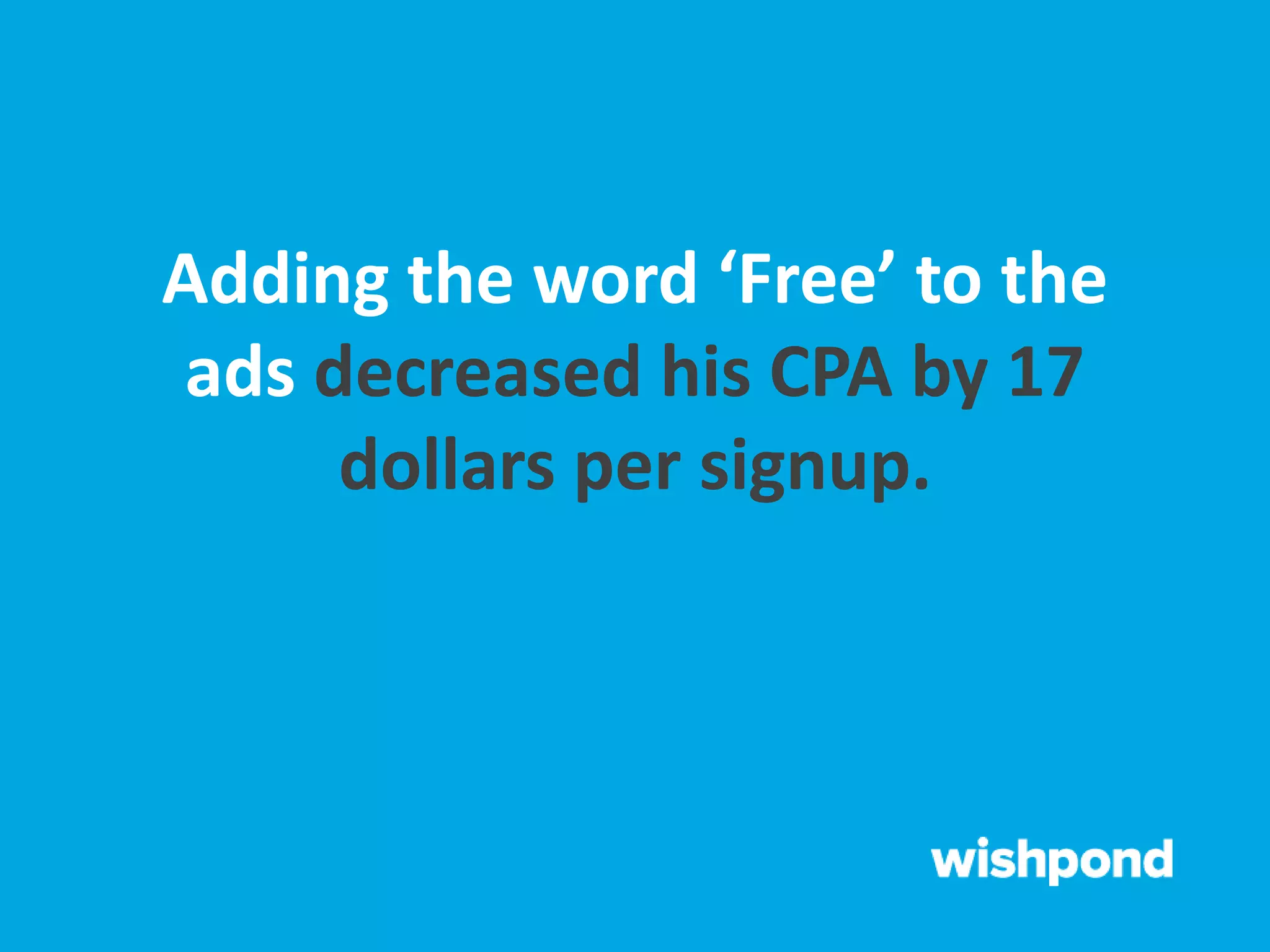 Adding the word ‘Free’ to the
ads decreased his CPA by 17
dollars per signup.
 