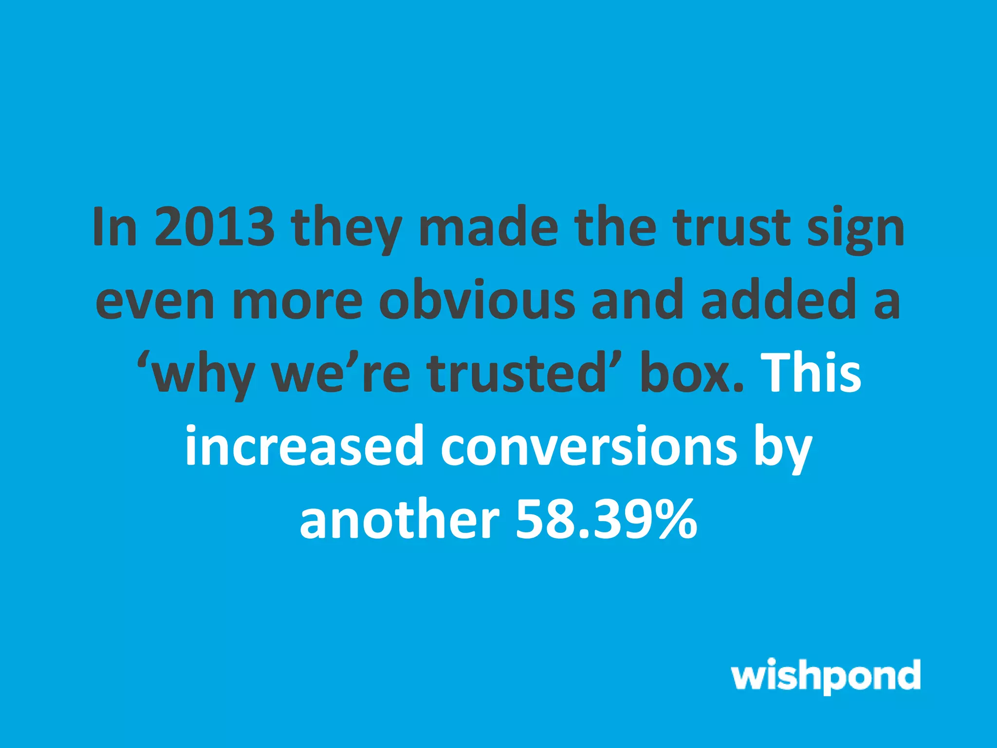 In 2013 they made the trust sign
even more obvious and added a
‘why we’re trusted’ box. This
increased conversions by
another 58.39%
 