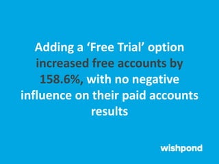 Adding a ‘Free Trial’ option
increased free accounts by
158.6%, with no negative
influence on their paid accounts
results
 