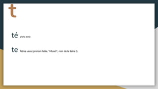 t
té Verb tenir.
te Altres usos (pronom feble, "infusió", nom de la lletra t).
 