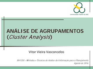 ANÁLISE DE AGRUPAMENTOS
(Cluster Analysis)
Vitor Vieira Vasconcelos
BH1350 – Métodos e Técnicas de Análise da Informação para o Planejamento
Agosto de 2016
 