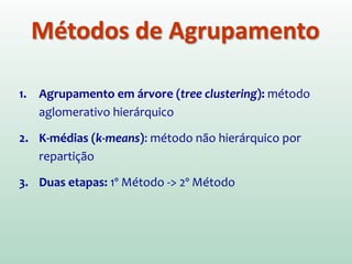 Métodos de Agrupamento
1. Agrupamento em árvore (tree clustering): método
aglomerativo hierárquico
2. K-médias (k-means): método não hierárquico por
repartição
3. Duas etapas: 1º Método -> 2º Método
 