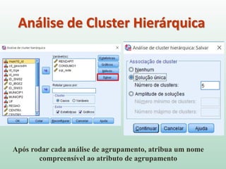 Análise de Cluster Hierárquica
Após rodar cada análise de agrupamento, atribua um nome
compreensível ao atributo de agrupamento
 