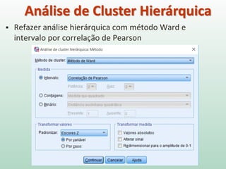  Refazer análise hierárquica com método Ward e
intervalo por correlação de Pearson
Análise de Cluster Hierárquica
 