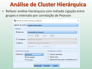  Refazer análise hierárquica com método Ligação entre
grupos e intervalo por correlação de Pearson
Análise de Cluster Hierárquica
 