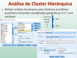  Refazer análise hierárquica para distância euclidiana
quadrática incluindo coordenadas geográficas X e Y com
variáveis
Análise de Cluster Hierárquica
Consumo
Renda
Rede
X
Y
60%
40%
 