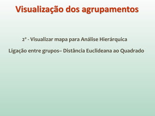 2º - Visualizar mapa para Análise Hierárquica
Ligação entre grupos– Distância Euclideana ao Quadrado
Visualização dos agrupamentos
 