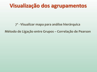 7º - Visualizar mapa para análise hierárquica
Método de Ligação entre Grupos – Correlação de Pearson
Visualização dos agrupamentos
 