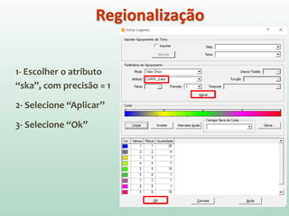 1- Escolher o atributo
“ska”, com precisão = 1
2- Selecione “Aplicar”
3- Selecione “Ok”
Regionalização
 
