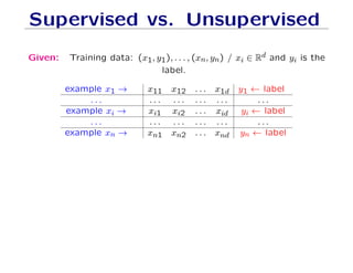 Supervised vs. Unsupervised
Given: Training data: (x1, y1), . . . , (xn, yn) / xi ∈ Rd and yi is the
label.
example x1 → x11 x12 . . . x1d y1 ← label
. . . . . . . . . . . . . . . . . .
example xi → xi1 xi2 . . . xid yi ← label
. . . . . . . . . . . . . . . . . .
example xn → xn1 xn2 . . . xnd yn ← label
 