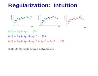 Regularization: Intuition
!#$%'
()'
!#$%'
()'
!#$%'
()'
f(x) = λ0 + λ1x ... (1)
f(x) = λ0 + λ1x + λ2x2 ... (2)
f(x) = λ0 + λ1x + λ2x2 + λ3x3 + λ4x4 ... (3)
Hint: Avoid high-degree polynomials.
 