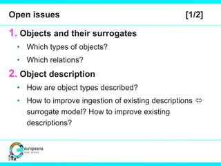 Open issues  [1/2] Objects and their surrogates Which types of objects? Which relations? Object description How are object types described? How to improve ingestion of existing descriptions    surrogate model? How to improve existing descriptions? 