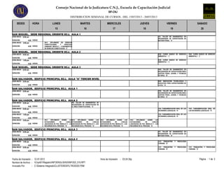 Consejo Nacional de la Judicatura C.N.J., Escuela de Capacitación Judicial
DISTRIBUCION SEMANAL DE CURSOS , DEL 15/07/2013 - 20/07/2013
SIF-CNJ
SEDES HORA LUNES MARTES MIERCOLES JUEVES VIERNES SABADO
15 16 17 18 19 20
SAN MIGUEL, SEDE REGIONAL ORIENTE ECJ, AULA 1
8:00 am
4.00DURACION:
HORA INICIO:
HORAS
433 TALLER DE DIAGNÓSTICO DE
NECESIDADES DE CAPACITACIÓN EN
MATERIA PENAL 'A'
3:00 pm 3014 DIPLOMADO EN DERECHO
CONSTITUCIONAL Y DERECHOS
HUMANOS MODULO I -FUNDAMENTOS
DE DERECHO CONSTITUCION 'C'
4.00DURACION:
HORA INICIO:
HORAS
SAN MIGUEL, SEDE REGIONAL ORIENTE ECJ, AULA 2
2039 CURSO BÁSICO DE DERECHO
AMBIENTAL I 'L'
8:00 am
4.00DURACION:
HORA INICIO:
HORAS
2039 CURSO BÁSICO DE DERECHO
AMBIENTAL I 'L'
1:00 pm
4.00DURACION:
HORA INICIO:
HORAS
2039 CURSO BÁSICO DE DERECHO
AMBIENTAL I 'L'
SAN MIGUEL, SEDE REGIONAL ORIENTE ECJ, AULA 3
8:00 am
4.00DURACION:
HORA INICIO:
HORAS
1654 TALLER DE DIAGNÓSTICO DE
NECESIDADES DE CAPACITACIÓN ÁREA
JUSTICIA PENAL JUVENIL Y TÉCNICAS
DE ORALI 'B'
SAN SALVADOR, EDIFICIO PRINCIPAL ECJ, AULA "A" TERCER NIVEL
9:00 am
2.00DURACION:
HORA INICIO:
HORAS
5005 INNOVACIÓN TECNOLOGICA Y
EDUCATIVA PARA CAPACITADORES DE
LA ECJ 'A'
SAN SALVADOR, EDIFICIO PRINCIPAL ECJ, AULA 1
8:00 am
4.00DURACION:
HORA INICIO:
HORAS
1654 TALLER DE DIAGNÓSTICO DE
NECESIDADES DE CAPACITACIÓN ÁREA
JUSTICIA PENAL JUVENIL Y TÉCNICAS
DE ORALI 'A'
SAN SALVADOR, EDIFICIO PRINCIPAL ECJ, AULA 2
8:00 am
4.00DURACION:
HORA INICIO:
HORAS
654 TALLER DE DIAGNÓSTICO DE
NECESIDADES DE CAPACITACIÓN EN
EL ÁREA CONSTITUCIONAL 'A'
1533 FUNDAMENTACIÓN ORAL DE
LAS DECISIONES JUDICIALES 'D'
8:00 am
4.00DURACION:
HORA INICIO:
HORAS
1533 FUNDAMENTACIÓN ORAL DE LAS
DECISIONES JUDICIALES 'D'
1:00 pm
4.00DURACION:
HORA INICIO:
HORAS
1533 FUNDAMENTACIÓN ORAL DE LAS
DECISIONES JUDICIALES 'D'
3012 DIPLOMADO SOBRE LAS
ACTUACIONES DE LOS/LAS
JUECES/ZAS DE PAZ: MODULO V - LOS
RECURSOS EN EL PROCESO 'G'
5:00 pm 3012 DIPLOMADO SOBRE LAS
ACTUACIONES DE LOS/LAS
JUECES/ZAS DE PAZ: MODULO V - LOS
RECURSOS EN EL PROCESO 'G'
3.00DURACION:
HORA INICIO:
HORAS
3012 DIPLOMADO SOBRE LAS
ACTUACIONES DE LOS/LAS
JUECES/ZAS DE PAZ: MODULO V - LOS
RECURSOS EN EL PROCESO 'G'
3012 DIPLOMADO SOBRE LAS
ACTUACIONES DE LOS/LAS
JUECES/ZAS DE PAZ: MODULO V - LOS
RECURSOS EN EL PROCESO 'G'
SAN SALVADOR, EDIFICIO PRINCIPAL ECJ, AULA 3
8:00 am
4.00DURACION:
HORA INICIO:
HORAS
433 TALLER DE DIAGNÓSTICO DE
NECESIDADES DE CAPACITACIÓN EN
MATERIA PENAL 'B'
SAN SALVADOR, EDIFICIO PRINCIPAL ECJ, AULA 4
1:00 am
4.00DURACION:
HORA INICIO:
HORAS
1121 PSIQUIATRÍA Y PSICOLOGÍA
FORENSE 'D'
1121 PSIQUIATRÍA Y PSICOLOGÍA
FORENSE 'D'
8:00 am
4.00DURACION:
HORA INICIO:
HORAS
1121 PSIQUIATRÍA Y PSICOLOGÍA
FORENSE 'D'
Fecha de Impresión Página : 1 de 203:24:30p.m.12-07-2013 Hora de Impresión: :
Nombre de Archivo Cnjnt01RegistroINFOENGLISH03INFO03_015.RPT
Invocado Por C:Sistema IntegradoCLUSTER03FILTRO0320.FRM
:
:
 