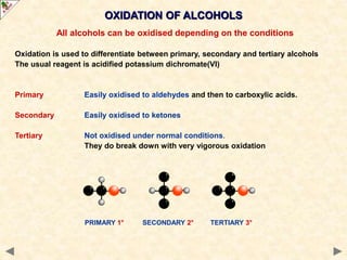 OXIDATION OF ALCOHOLS
All alcohols can be oxidised depending on the conditions
Oxidation is used to differentiate between primary, secondary and tertiary alcohols
The usual reagent is acidified potassium dichromate(VI)
Primary Easily oxidised to aldehydes and then to carboxylic acids.
Secondary Easily oxidised to ketones
Tertiary Not oxidised under normal conditions.
They do break down with very vigorous oxidation
PRIMARY 1° SECONDARY 2° TERTIARY 3°
 