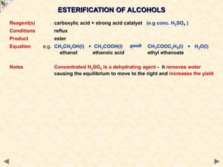 ESTERIFICATION OF ALCOHOLS
Reagent(s) carboxylic acid + strong acid catalyst (e.g conc. H2SO4 )
Conditions reflux
Product ester
Equation e.g. CH3CH2OH(l) + CH3COOH(l) CH3COOC2H5(l) + H2O(l)
ethanol ethanoic acid ethyl ethanoate
Notes Concentrated H2SO4 is a dehydrating agent - it removes water
causing the equilibrium to move to the right and increases the yield
 