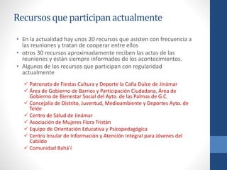 Recursosque participanactualmente
• En la actualidad hay unos 20 recursos que asisten con frecuencia a
las reuniones y tratan de cooperar entre ellos
• otros 30 recursos aproximadamente reciben las actas de las
reuniones y están siempre informados de los acontecimientos.
• Algunos de los recursos que participan con regularidad
actualmente
 Patronato de Fiestas Cultura y Deporte la Caña Dulce de Jinámar
 Área de Gobierno de Barrios y Participación Ciudadana, Área de
Gobierno de Bienestar Social del Ayto. de las Palmas de G.C.
 Concejalía de Distrito, Juventud, Medioambiente y Deportes Ayto. de
Telde
 Centro de Salud de Jinámar
 Asociación de Mujeres Flora Tristán
 Equipo de Orientación Educativa y Psicopedagógica
 Centro Insular de Información y Atención Integral para Jóvenes del
Cabildo
 Comunidad Bahá’í
 