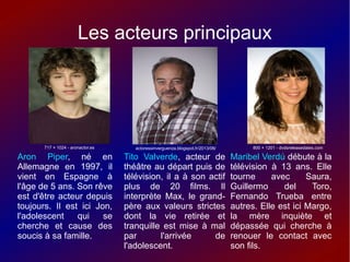 Les acteurs principaux
Maribel Verdú débute à la
télévision à 13 ans. Elle
tourne avec Saura,
Guillermo del Toro,
Fernando Trueba entre
autres. Elle est ici Margo,
la mère inquiète et
dépassée qui cherche à
renouer le contact avec
son fils.
Tito Valverde, acteur de
théâtre au départ puis de
télévision, il a à son actif
plus de 20 films. Il
interprète Max, le grand-
père aux valeurs strictes
dont la vie retirée et
tranquille est mise à mal
par l'arrivée de
l'adolescent.
Aron Piper, né en
Allemagne en 1997, il
vient en Espagne à
l'âge de 5 ans. Son rêve
est d'être acteur depuis
toujours. Il est ici Jon,
l'adolescent qui se
cherche et cause des
soucis à sa famille.
actoressinverguenza.blogspot.fr/2013/06/ 800 × 1201 - dvdsreleasedates.com717 × 1024 - aronactor.es
 