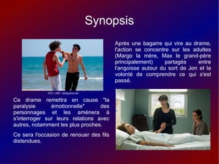 Synopsis
Après une bagarre qui vire au drame,
l'action se concentre sur les adultes
(Margo la mère, Max le grand-père
principalement) partagés entre
l'angoisse autour du sort de Jon et la
volonté de comprendre ce qui s'est
passé.
Ce drame remettra en cause "la
paralysie émotionnelle" des
personnages et les amènera à
s'interroger sur leurs relations avec
autres, notamment les plus proches.
Ce sera l'occasion de renouer des fils
distendues.
375 × 250 - lahiguera.net
 