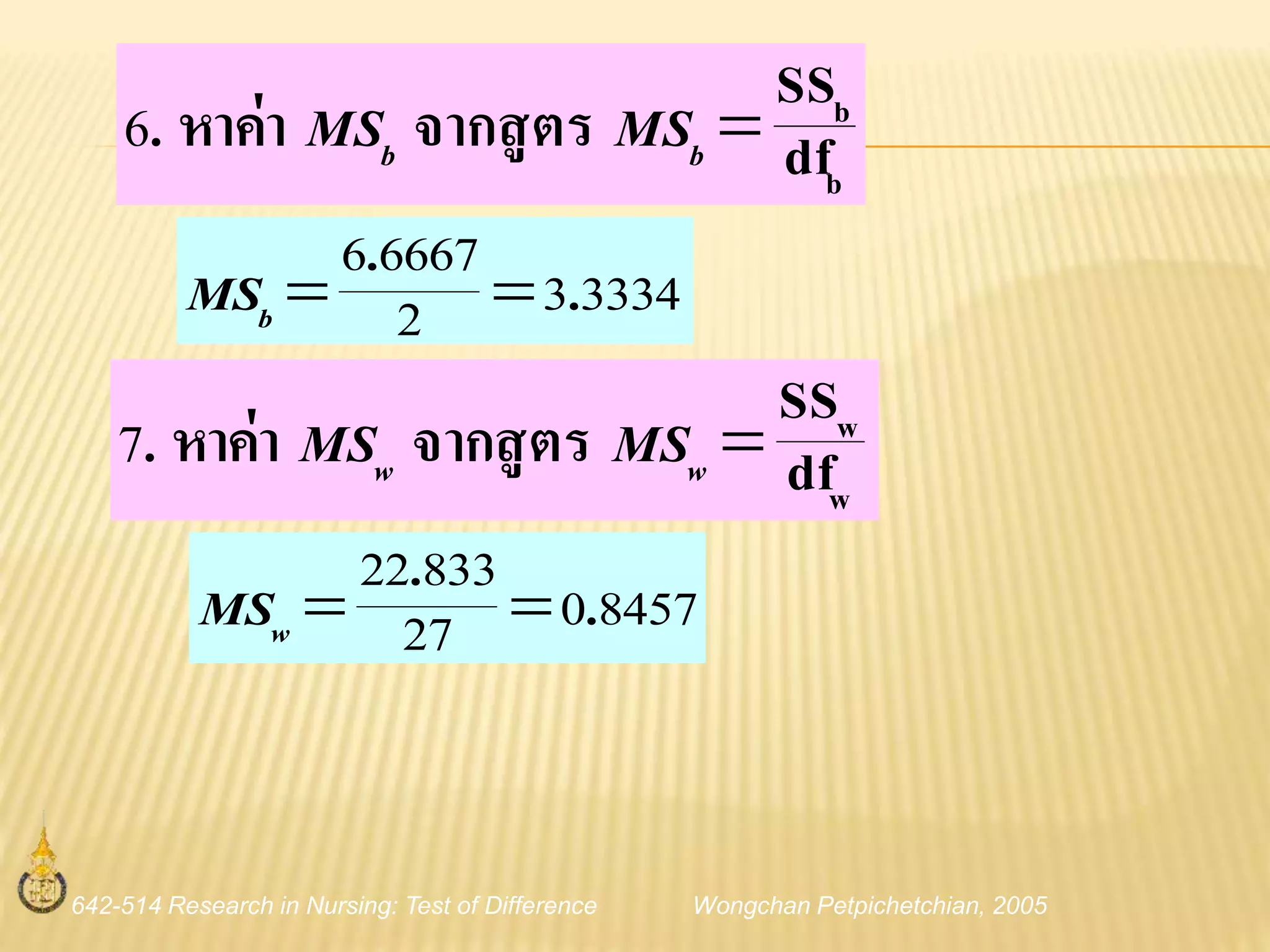 642-514 Research in Nursing: Test of Difference Wongchan Petpichetchian, 2005
b
b
df
SS
จากสูตรหาค่า. bb MSMS6
333432
66676
.
.
bMS
w
w
df
SS
จากสูตรหาค่า. ww MSMS7
8457027
83322
.
.
wMS
 