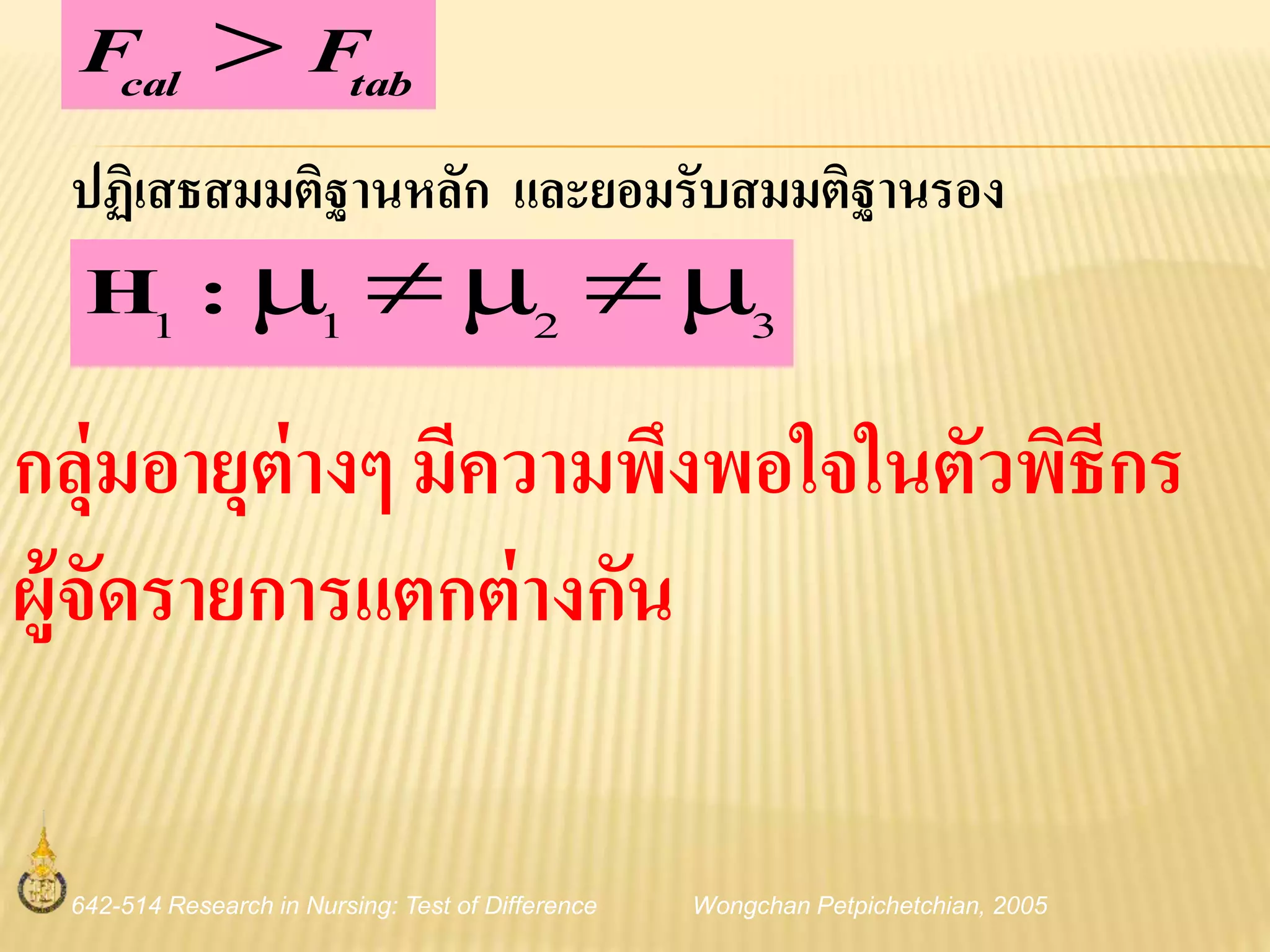 642-514 Research in Nursing: Test of Difference Wongchan Petpichetchian, 2005
tabcal FF 
ปฏิเสธสมมติฐานหลัก และยอมรับสมมติฐานรอง
กลุ่มอายุต่างๆ มีความพึงพอใจในตัวพิธีกร
ผู้จัดรายการแตกต่างกัน
3211 :H
 
