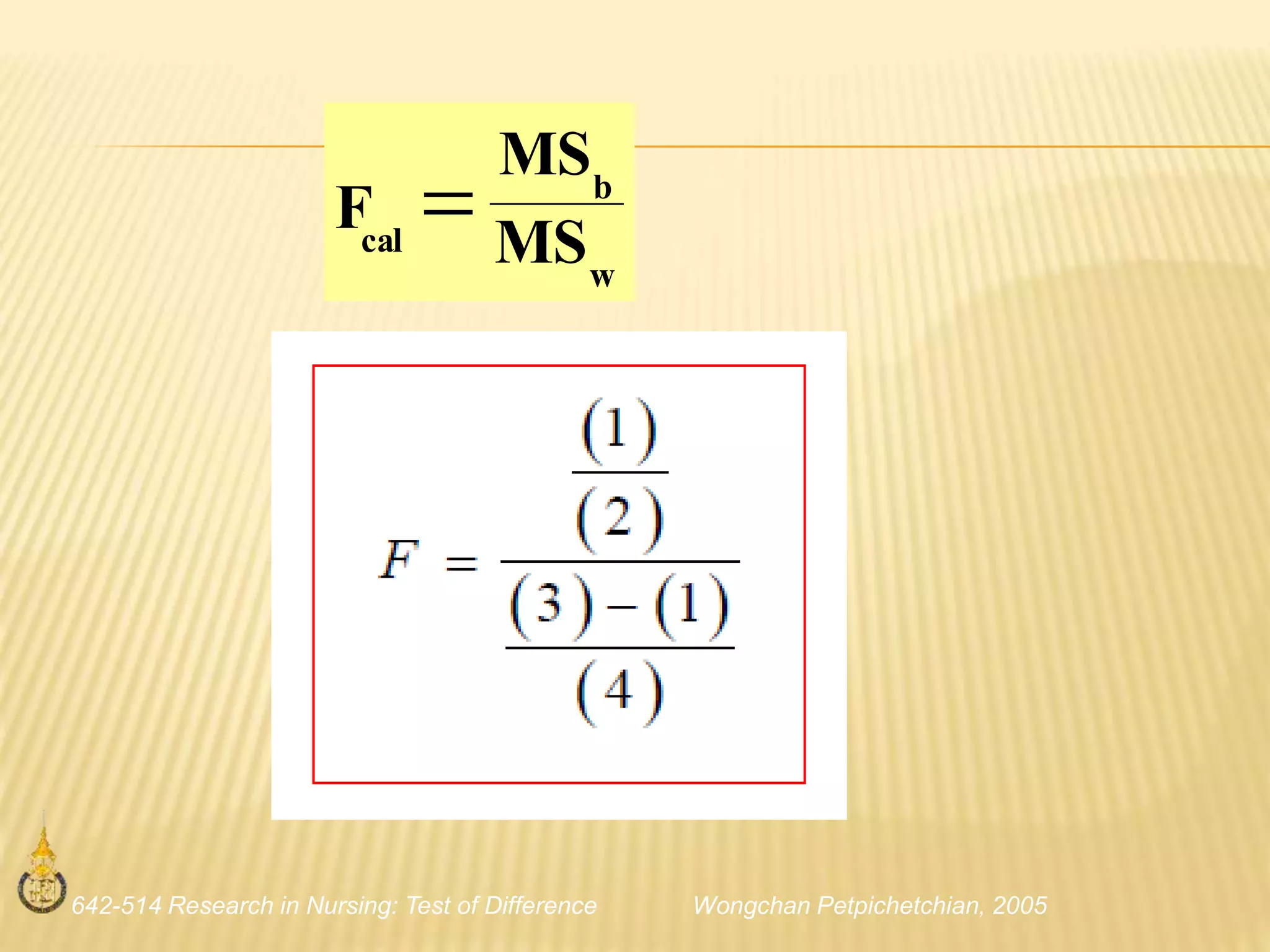 642-514 Research in Nursing: Test of Difference Wongchan Petpichetchian, 2005
w
b
cal MS
MS
F 
 