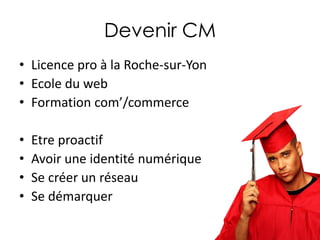 Devenir CM
• Licence pro à la Roche-sur-Yon
• Ecole du web
• Formation com’/commerce

•
•
•
•

Etre proactif
Avoir une identité numérique
Se créer un réseau
Se démarquer

 