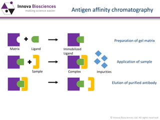 © Innova Biosciences Ltd. All rights reserved 
Matrix 
Ligand 
Immobilized Ligand 
Sample 
Complex 
Impurities 
Antigen affinity chromatography 
Preparation of gel matrix 
Application of sample 
Elution of purified antibody  